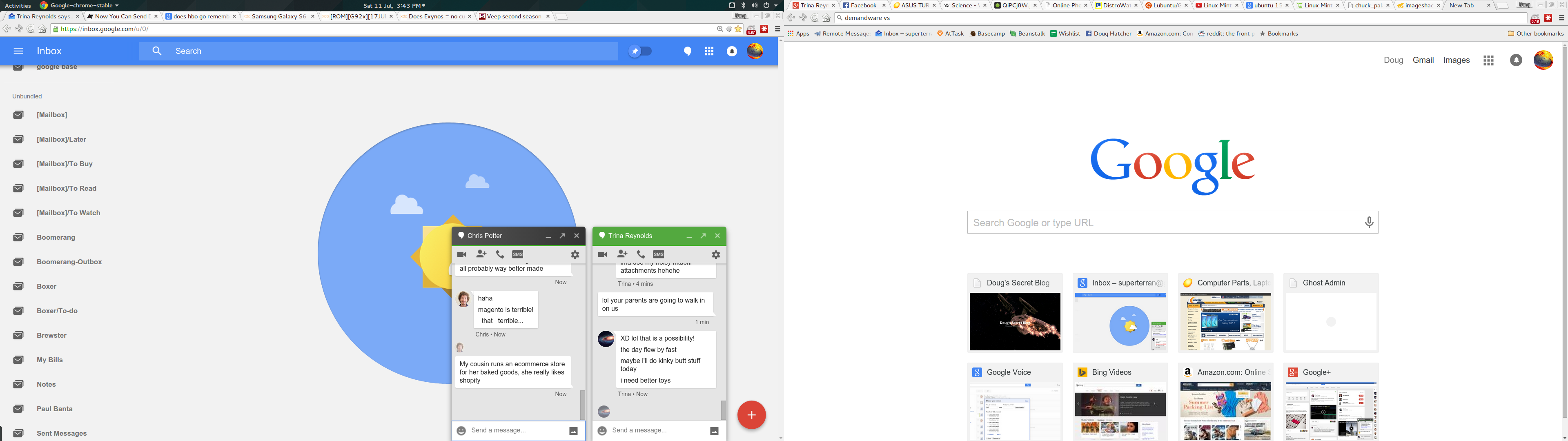 Dual-monitor Linux desktop, 2015