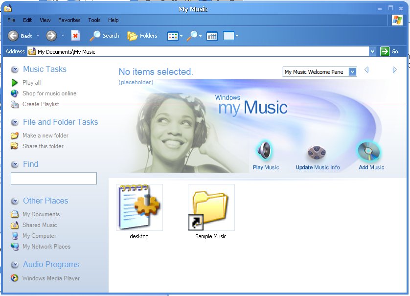Leaked Longhorn build — the &lsquo;my Music&rsquo; shell pane, 2002