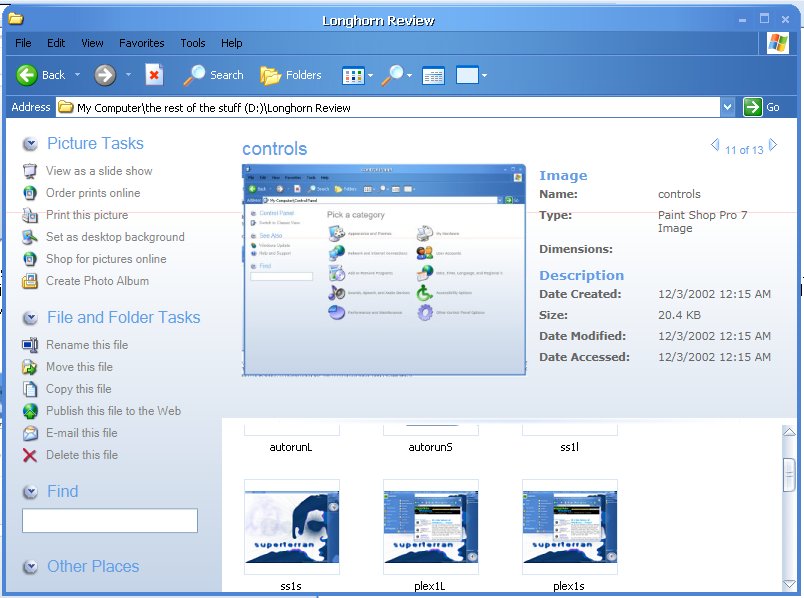 Windows XP Luna Explorer, browsing my Longhorn screenshots, 2002