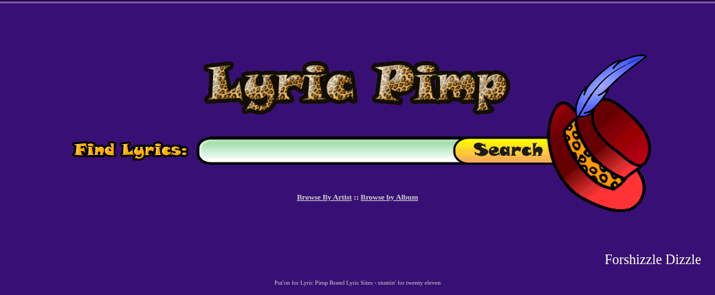 The LyricPimp homepage, rebuilt from the original Fusion theme — deep-purple layout, the leopard-print logo, the pimp-hat search box, and the &ldquo;Forshizzle Dizzle&rdquo; sidebar.