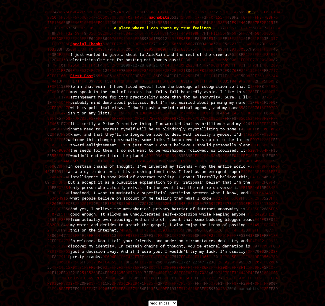 The madhabits homepage, rebuilt from the original theme files — white text framed by random dark-red hex digits over a deep-red background, the &ldquo;~ a place where i can share my true feelings ~&rdquo; tagline, and the theme switcher.