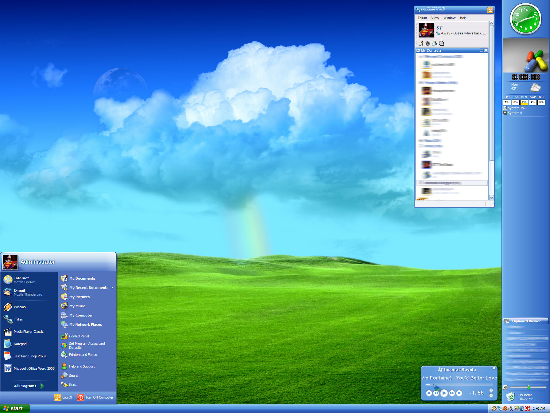 My Windows XP desktop, Feb 2005 — the Royale visual style, an Inspirat wallpaper, a Samurize sidebar, and Trillian