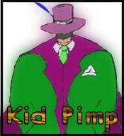 The &ldquo;Kid Pimp&rdquo; (KP) avatar — a cartoon figure in a purple pimp hat and green suit, the Superterran crosshair logo on the lapel