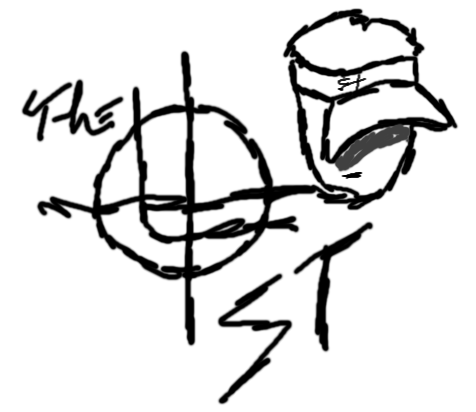Hand-drawn &ldquo;THE ST&rdquo; logo sketch — crosshair, ball cap, jagged lettering