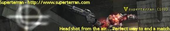 The ST·UT banner — an Unreal Tournament screenshot captioned &ldquo;Head shot from the air&mldr; Perfect way to end a match,&rdquo; branded superterran.com