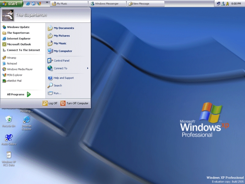 The Superterran XP desktop — a full 800×600 screenshot, Start menu logged in as &ldquo;The Superterran&rdquo;